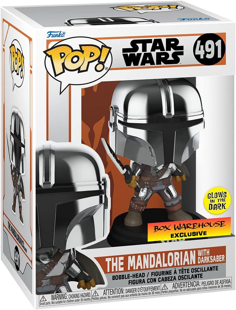 POP Funko Star Wars Mandalorian with Darksaber (Chrome & Glow in The Dark), Exclusive
