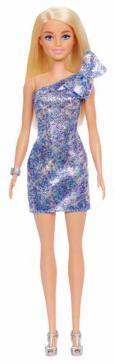 Barbie Blonde Hair Blue Eyes with Short Blue Sequins Mini Dress