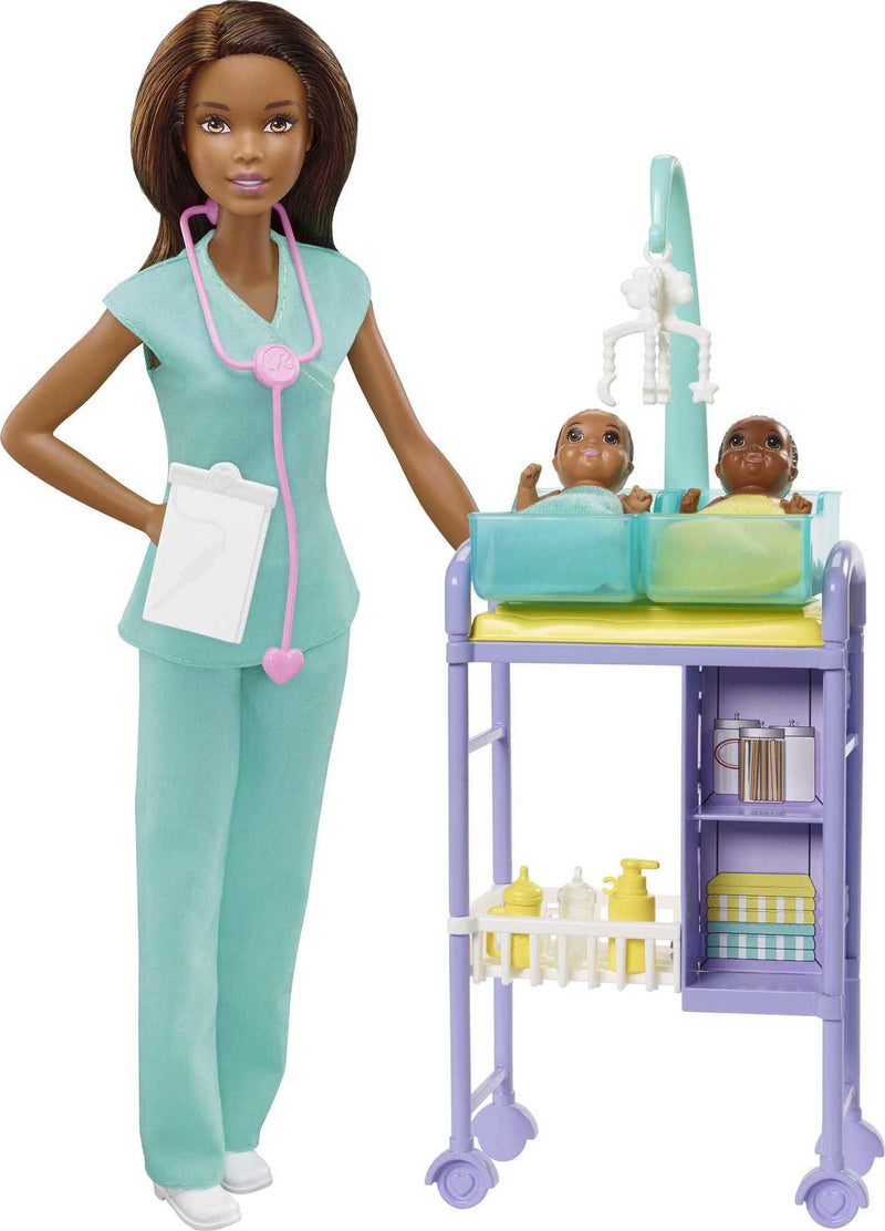 Barbie Career Baby Doctor Playset with Brunette Doll, 2 Infant Dolls, Exam Table and Accessories, Stethoscope, Chart and Mobile for Ages 3 and Up