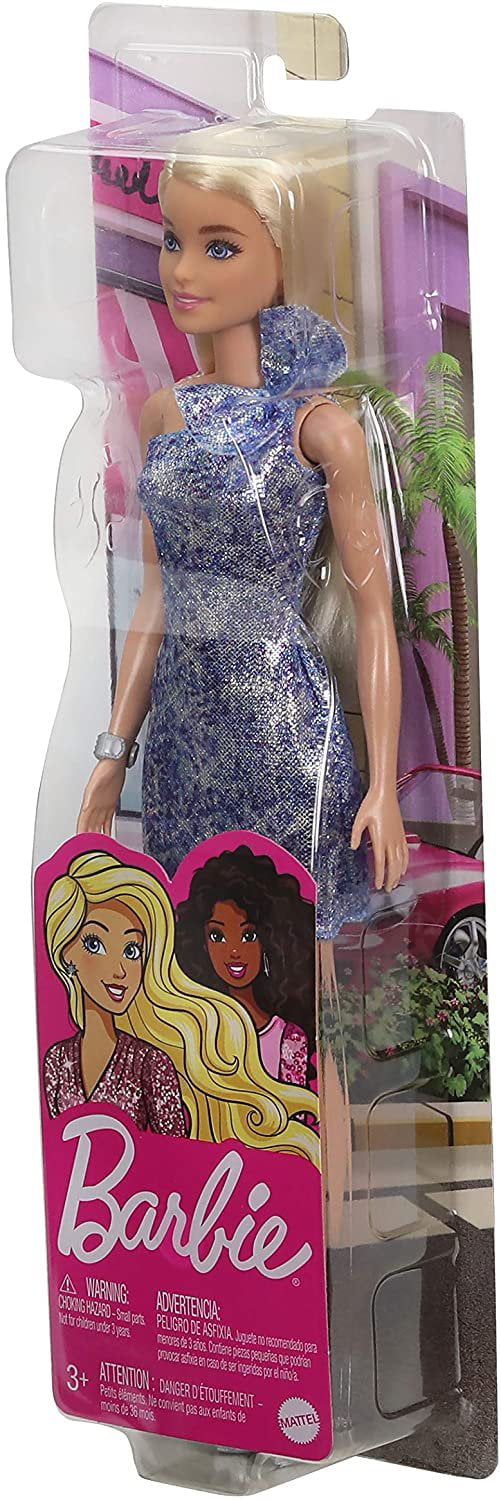 Barbie Blonde Hair Blue Eyes with Short Blue Sequins Mini Dress