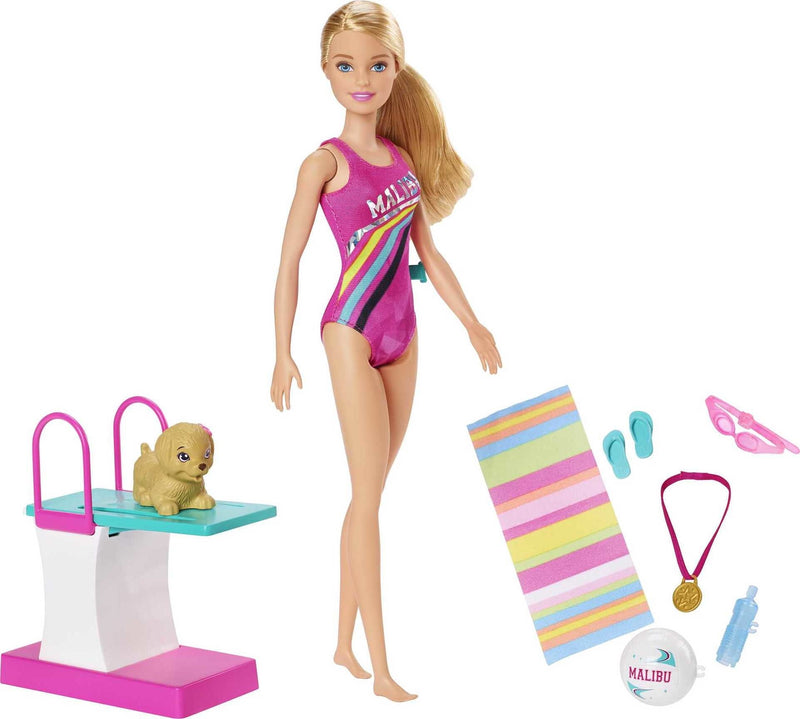 Barbie Dreamhouse Adventures Swim ‘n Dive Doll, 11.5-inch in Swimwear, with Diving Board and Puppy