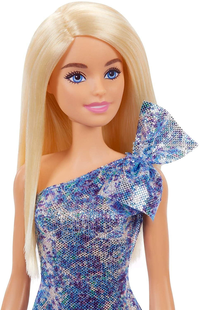 Barbie Blonde Hair Blue Eyes with Short Blue Sequins Mini Dress