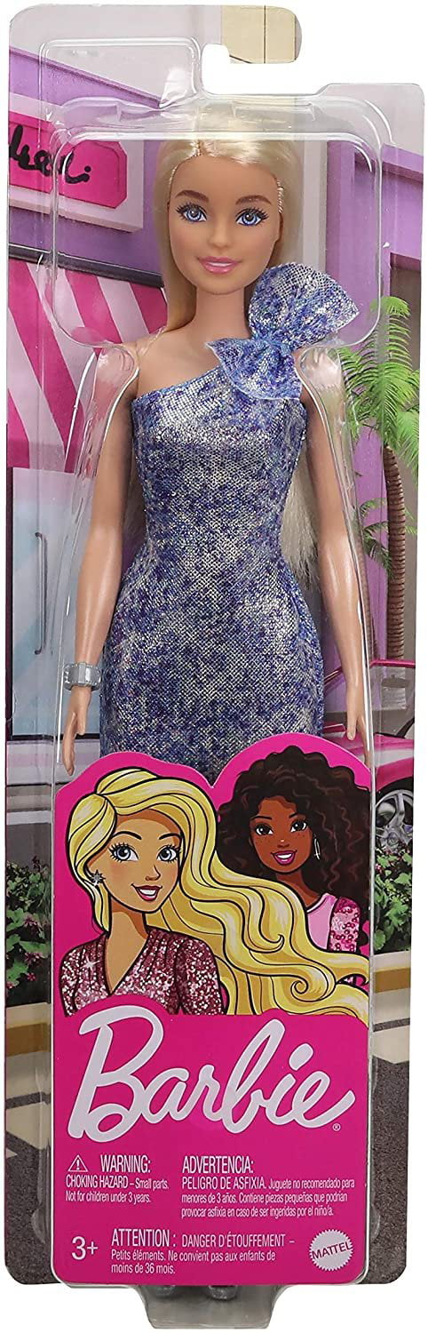 Barbie Blonde Hair Blue Eyes with Short Blue Sequins Mini Dress