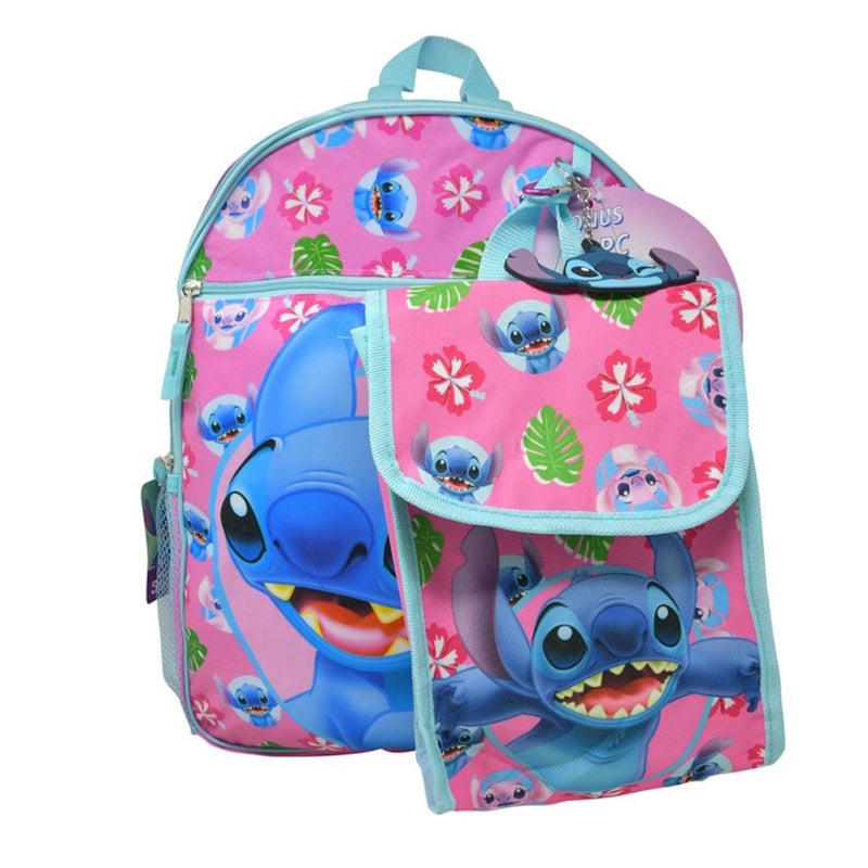 Disney Stitch 16 Backpack 4pc Set with Lunch Kit, Key Chain & Carabiner