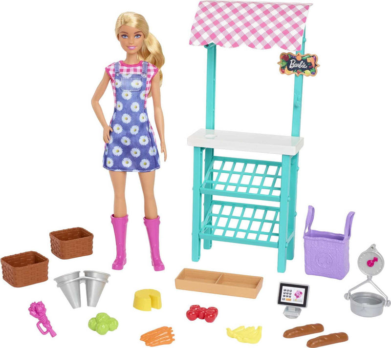 Barbie Farmers Market Playset, Barbie Doll (Blonde), Market Stand, Register, Vegetables & More