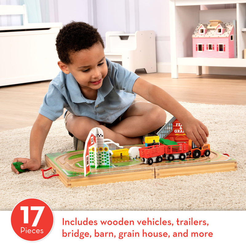 Melissa & Doug 17-Piece Wooden Take-Along Tabletop Farm, 4 Farm Vehicles, Play Pieces, Barn, Grain House