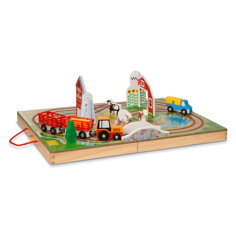 Melissa & Doug 17-Piece Wooden Take-Along Tabletop Farm, 4 Farm Vehicles, Play Pieces, Barn, Grain House