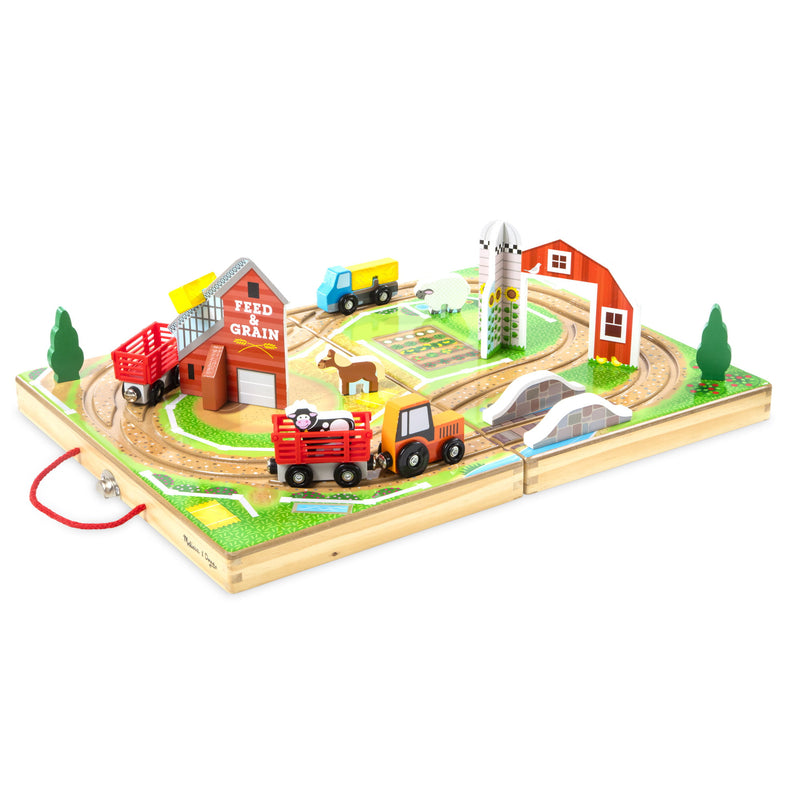 Melissa & Doug 17-Piece Wooden Take-Along Tabletop Farm, 4 Farm Vehicles, Play Pieces, Barn, Grain House