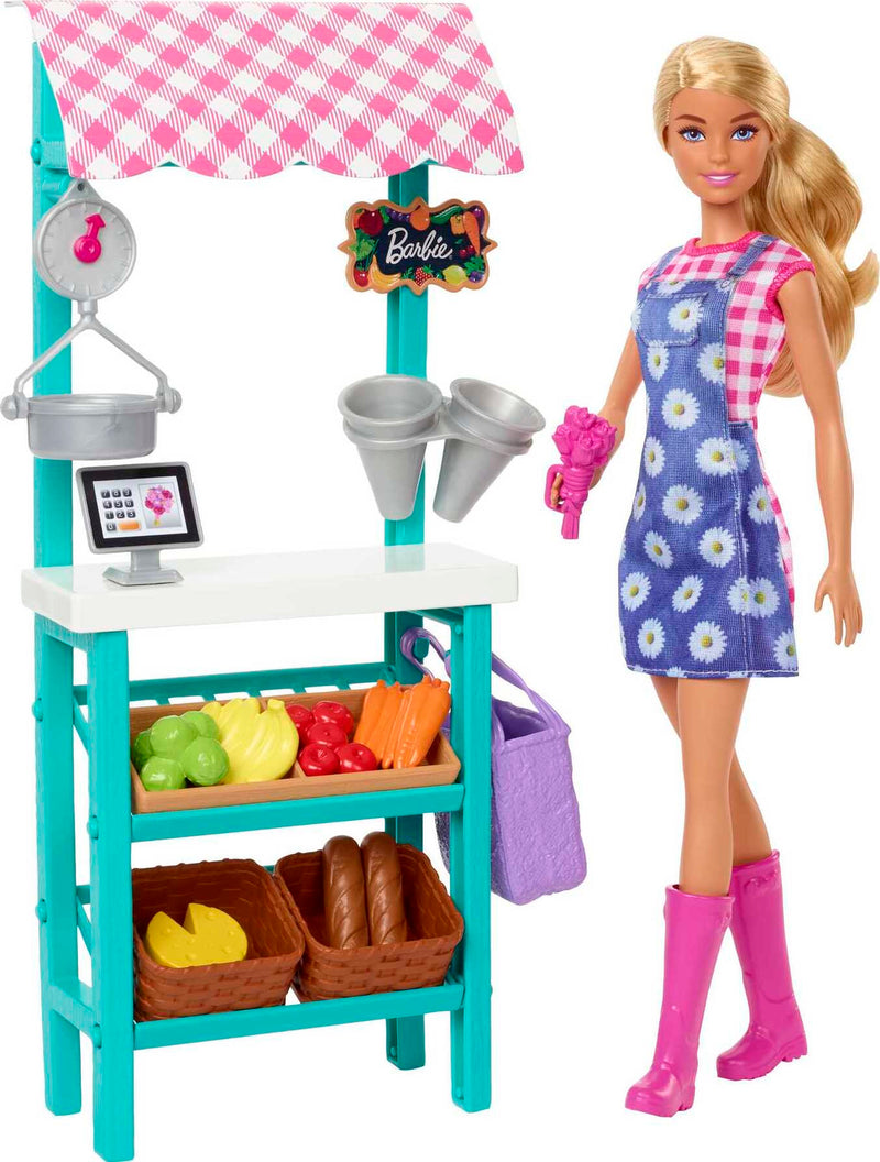 Barbie Farmers Market Playset, Barbie Doll (Blonde), Market Stand, Register, Vegetables & More