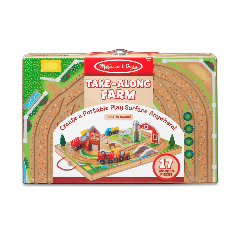 Melissa & Doug 17-Piece Wooden Take-Along Tabletop Farm, 4 Farm Vehicles, Play Pieces, Barn, Grain House