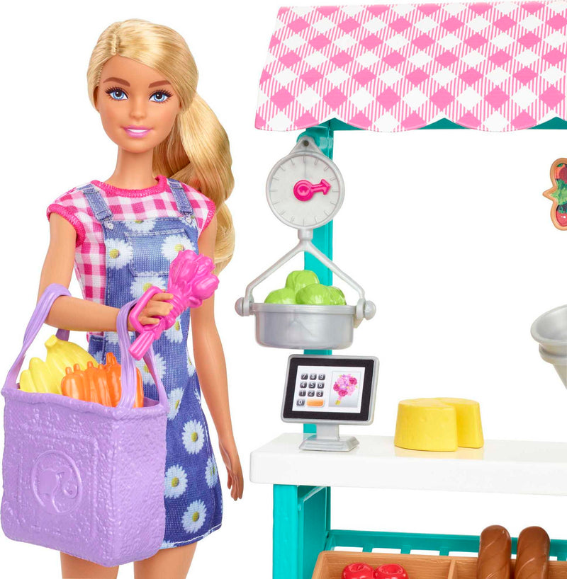 Barbie Farmers Market Playset, Barbie Doll (Blonde), Market Stand, Register, Vegetables & More